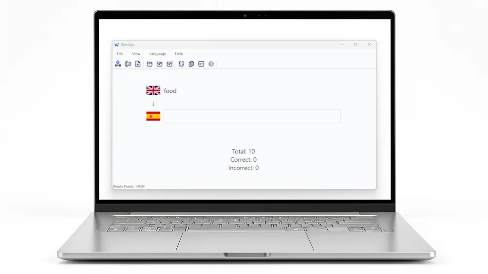 Wordigo Trainingsmodus op Windows — taalvlag, promptwoord, antwoordveld en Wordy Points in de statusbalk