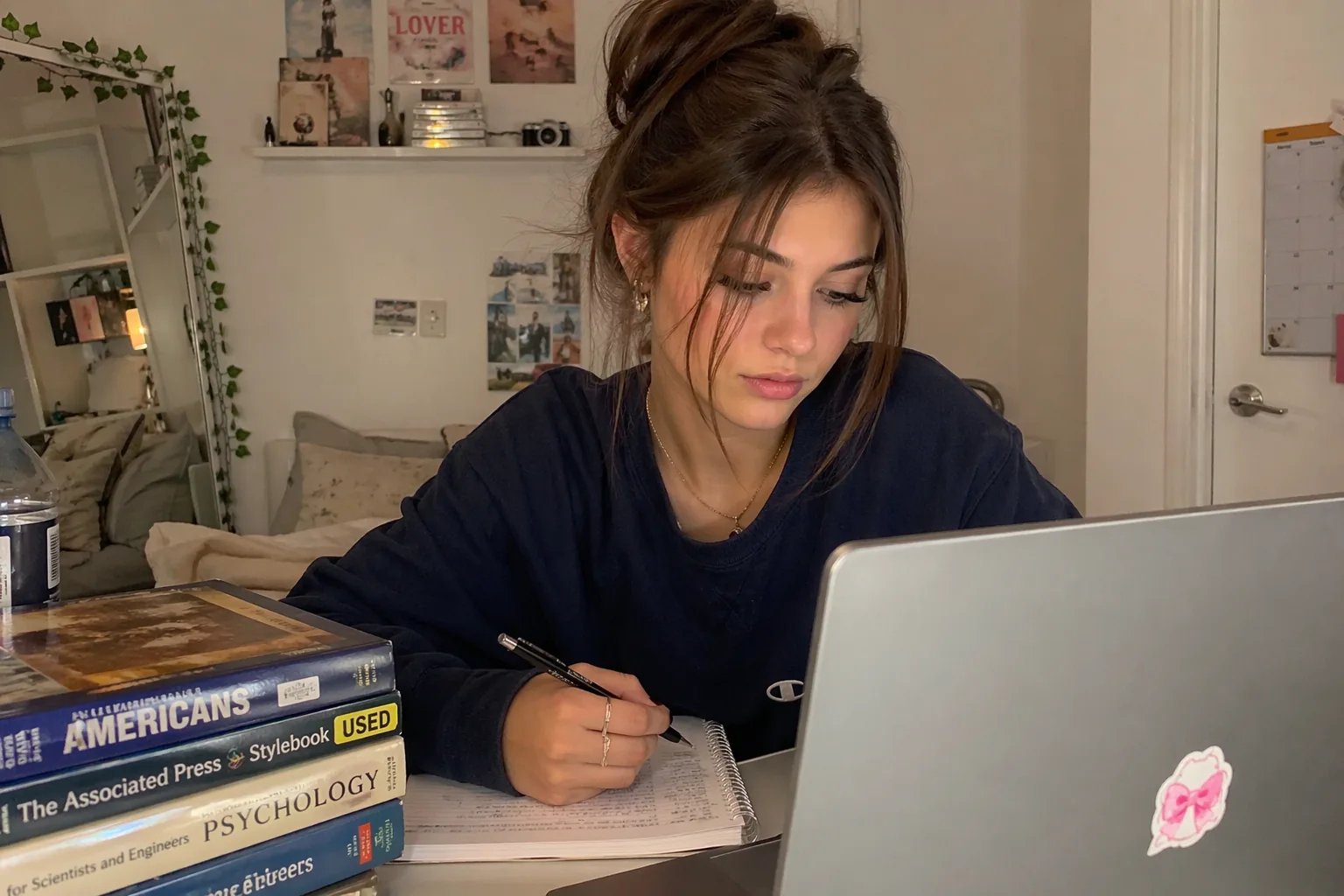 Leerling rustig aan een bureau studerend met een laptop